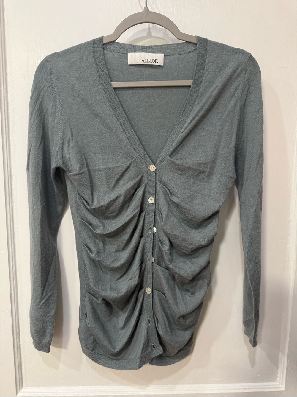 Allude V-Neck Blue Gray Ruched Button-Front Cardigan Sweater Cashmere EUC Sm